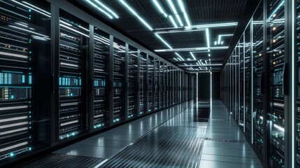 Obraz premium A modern data center with rows of server racks and glowing LED indicators, Data center scene, High-tech and secure style