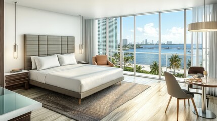 A high-end suite with a stylish king bed, modern furniture, and a stunning view of the beach.