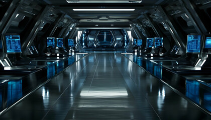 Naklejka premium Futuristic spaceship interior; sleek metallic corridor with glowing computer screens, reflecting floor. Perfect for sci-fi, technology, or space exploration themes.