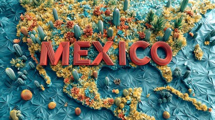 Colorful 3D Floral Map of Mexico with Cactus Details