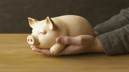 Hands holding carved wooden pig figurine on wooden table