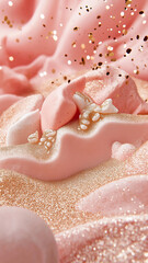 A pink background with gold glitter and a pink cake with gold glitter on it