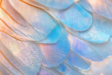 Close-up of iridescent bird feathers, showcasing delicate texture and pastel blue and peach hues.
