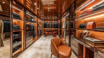 Fototapeta premium A luxurious walk-in closet with LED-lit shelves, mirrored walls, and a seating area.