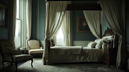 A luxury bedroom featuring a canopy bed, silk curtains, and a stylish chaise lounge by the window.