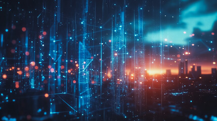 Obraz premium Smart digital Innovation city with connection network reciprocity over the cityscape. of future smart wireless digital city and social media networking systems that connects people with in city