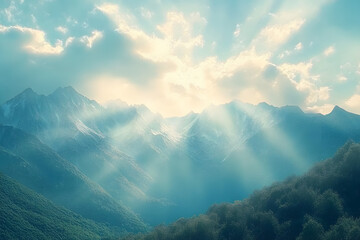 Fototapeta premium serene mountain landscape with sunlight breaking through clouds softly illuminating scene and abundant copy space