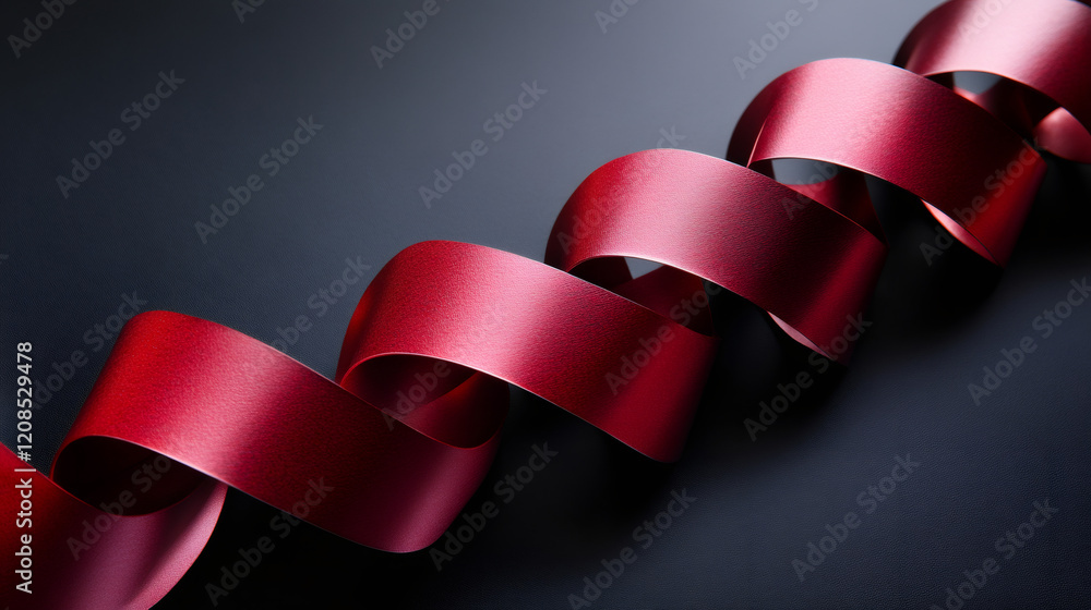 Poster crimson satin ribbon curling softly, flowing with delicate movement against deep shadowy backdrop, s