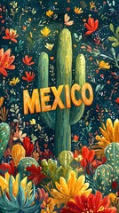 Vibrant Floral Illustration of Mexico with Cactus Motif