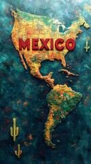 Textured Map of Mexico and the Americas with Cactus Motif