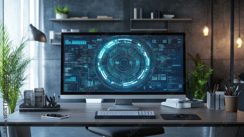 Aufkleber a modern desk setup with a large monitor displaying system architecture diagrams.