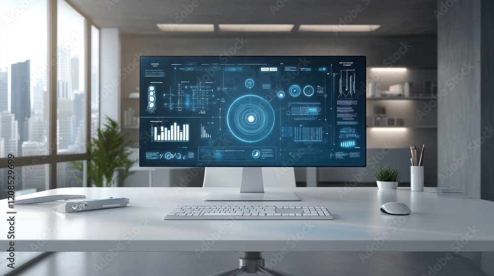 Aufkleber a modern desk setup with a large monitor displaying system architecture diagrams.
