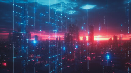 Smart digital Innovation city with connection network reciprocity over the cityscape. of future smart wireless digital city and social media networking systems that connects people with in city