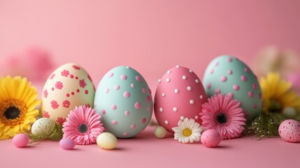 Fototapeta premium Colorful easter eggs with floral decorations for spring celebration designs