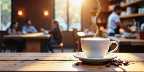 Coffee shop website banner with steaming cup and cozy cafe atmosphere