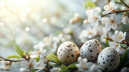 Obraz premium Happy easter celebration with eggs and blossoming spring flowers