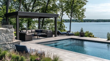 A poolside lounge with a shaded cabana, stylish furniture, and a view of the water.