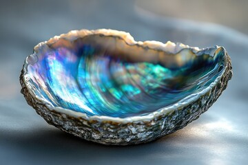 A mesmerizing abalone shell, showcasing iridescent blues and greens, rests on a dark surface.