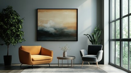 Modern living room with abstract painting and cozy seating area