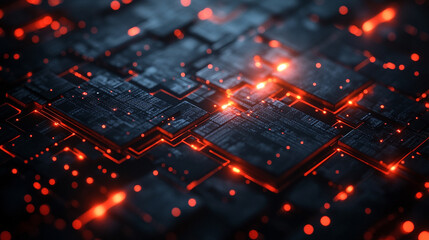 Futuristic black and neon red background with metallic reflections symbolizing chaos, technology, innovation, sleek design, dynamic energy, modern aesthetics, minimalistic bright tone, and blank space