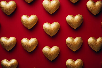Fototapeta premium Golden hearts arranged on a vibrant red background create a striking visual display for festive celebrations