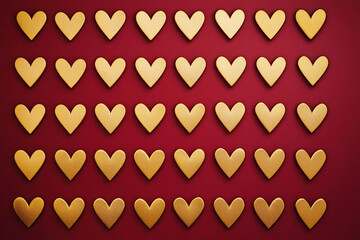 Gold hearts arranged in neat rows on a red background for decoration or romantic occasions
