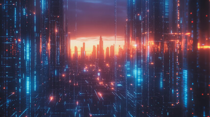 Fototapeta premium Smart digital Innovation city with connection network reciprocity over the cityscape. of future smart wireless digital city and social media networking systems that connects people with in city