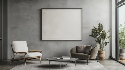 Modern living room with armchairs, coffee table, and large plant in bright space
