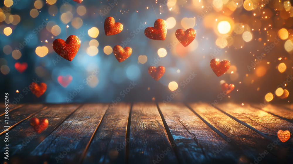Poster Falling red hearts, soft bokeh illumination casting glow over weathered wooden surface, creating romantic Valentine's Day mood