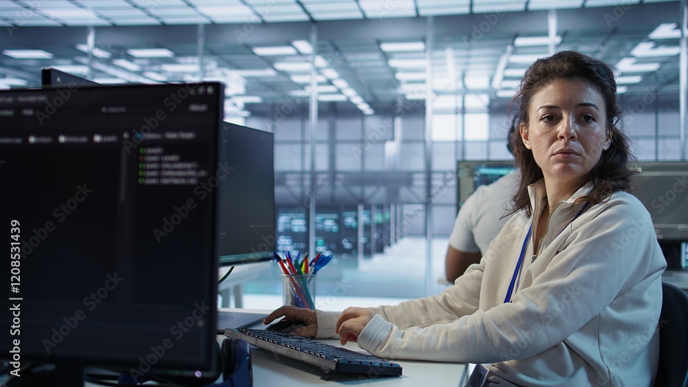 Poster portrait of smiling technician using pc to do maintenance on artificial intelligence neural networks