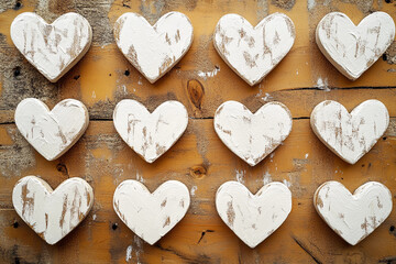 Obraz premium Decorative white wooden hearts arranged on a rustic wooden surface for home decor enhancement