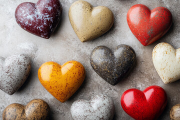 Obraz premium Colorful heart-shaped stones arranged on a gray surface create a vibrant and artistic display