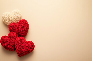 Obraz premium Soft and fluffy heart-shaped decorations in red and white on a neutral background for romantic occasions