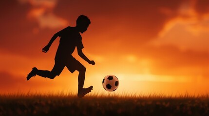 Naklejka premium A striking silhouette of a soccer player kicking a ball against a vibrant sunset backdrop, capturing the essence of sport and passion.