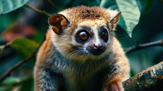 Pygmy slow loris resting in southeast asian rainforest habitat AI