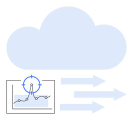 Cloud with arrows indicating data movement, line chart with data points and target crosshair. Ideal for analytics, data transfer, cloud computing, business insights, forecasting, digital