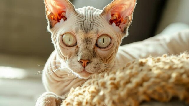 Devon rex cat relaxing indoors on sunlit sofa AI