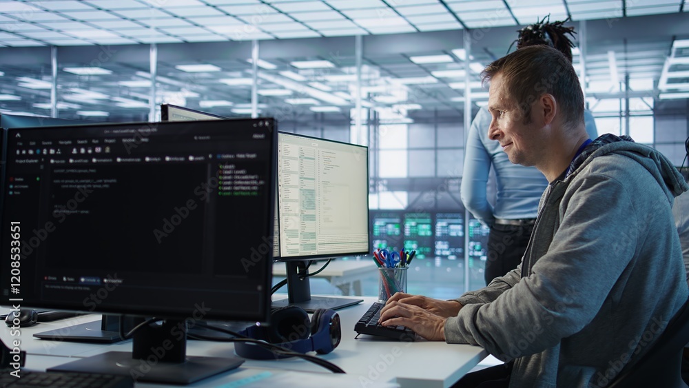 Poster it technician looking at pc screen, working in network security data center, ensuring optimal perfor
