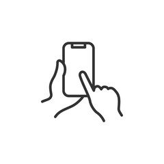 Hand holding smartphone with finger on screen outline icon