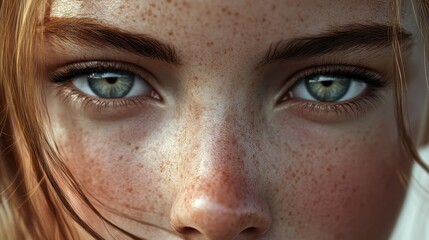 Close-up of young female with freckles and blue eyes