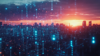 Fototapeta premium Smart digital Innovation city with connection network reciprocity over the cityscape. of future smart wireless digital city and social media networking systems that connects people with in city