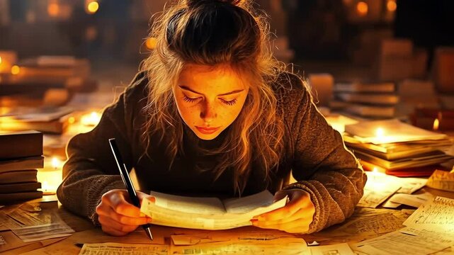 Woman concentrating on writing amidst candlelit ambiance and piles of papers