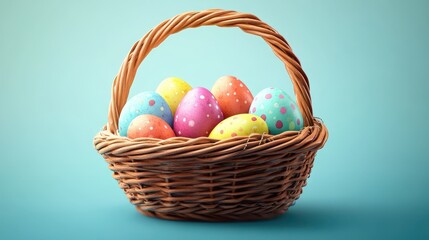 Colorful easter eggs in wicker basket for spring decoration and celebration