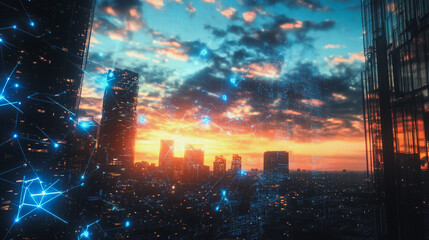Fototapeta premium Smart digital Innovation city with connection network reciprocity over the cityscape. of future smart wireless digital city and social media networking systems that connects people with in city