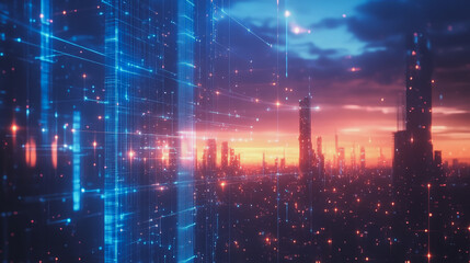 Fototapeta premium Smart digital Innovation city with connection network reciprocity over the cityscape. of future smart wireless digital city and social media networking systems that connects people with in city