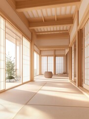 Obraz premium Trendy minimalistic japandi modern interior in beige tones. Home fashion 2023. Spacious living room. Photorealistic illustration generated by AI.