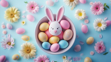 Obraz premium Pastel easter arrangement with bunny and eggs for holiday decor