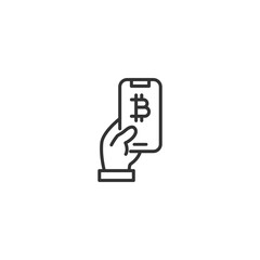 Hand holding smartphone displaying bitcoin symbol icon in minimalistic style