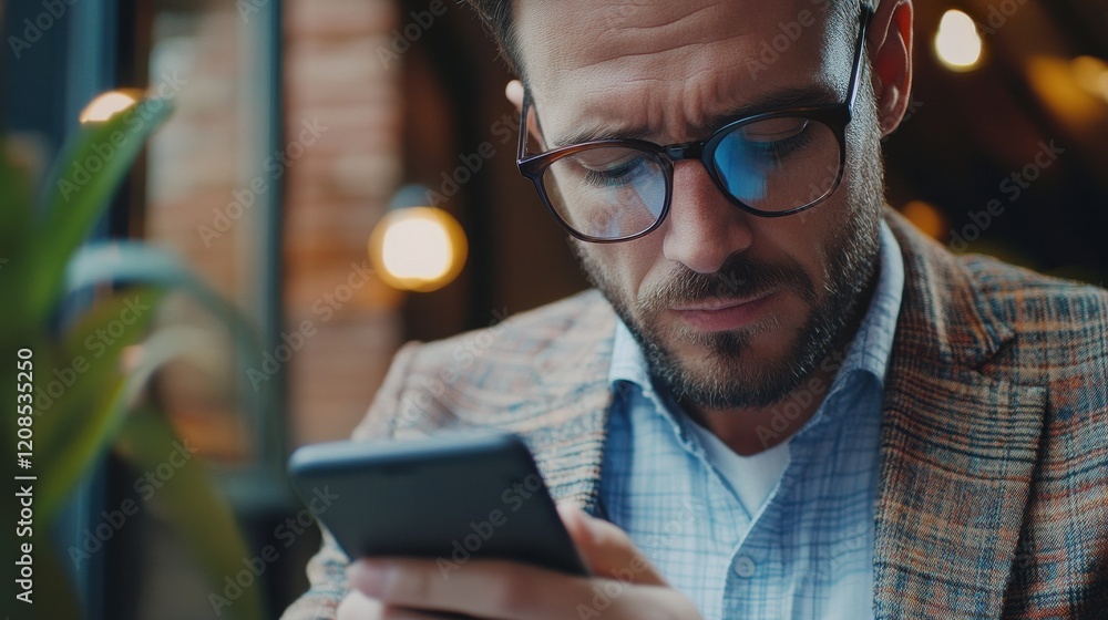 Poster crypto trader investor broker using smartphone app analyzing financial data stock market price on ce
