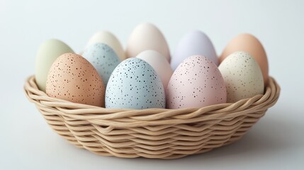 Vibrant easter eggs in woven basket on white background for holiday design